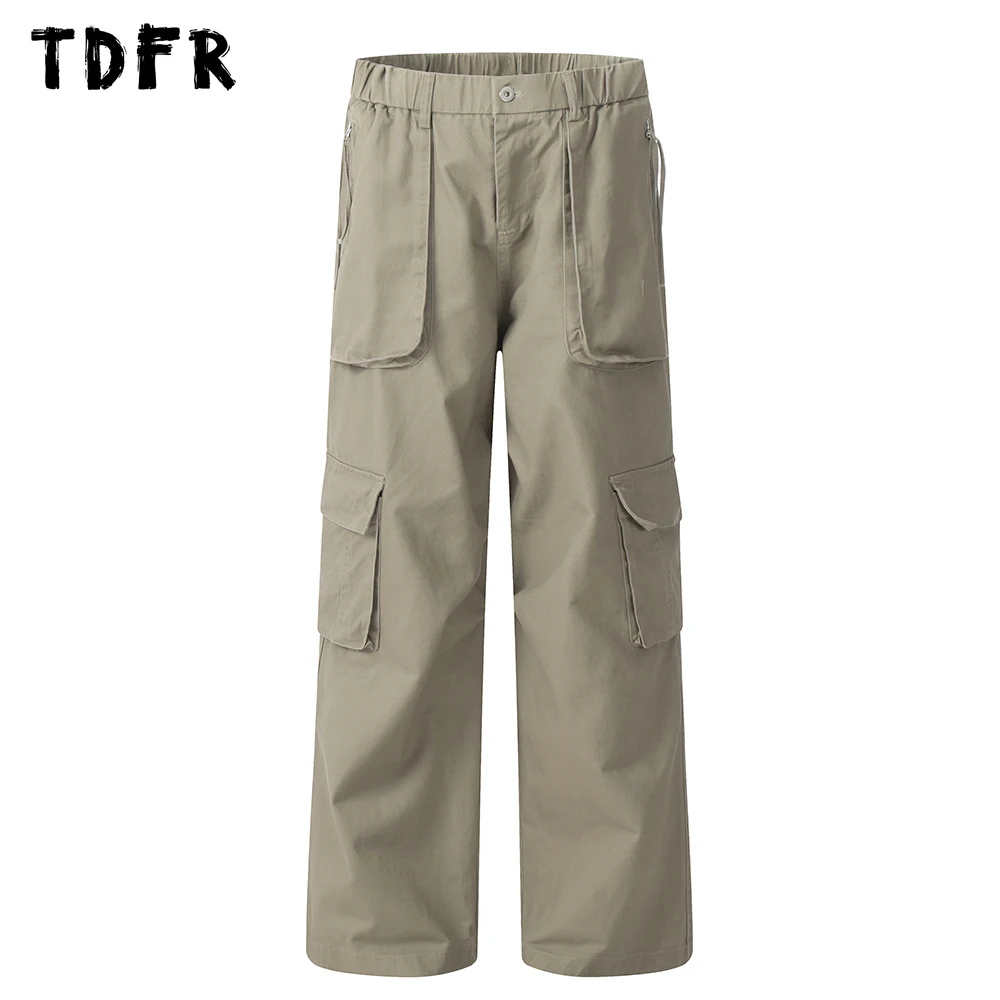 Multi-Pocket Cargo Pants  Mens Solid Color Safari Style RetroElastic Waist  Loose Wide Leg Trousers Men