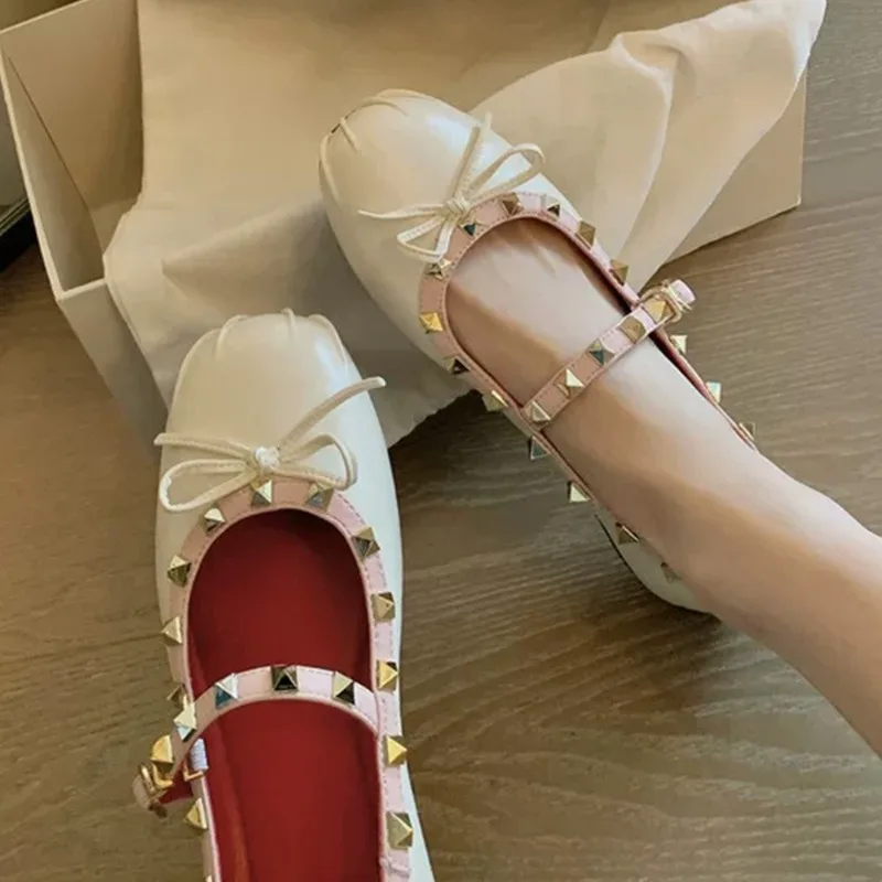 Zapatos Planos Mary Jane para Mujer, Zapatos de Ballet con Lazo, Correa con Hebilla, Punta Cuadrada, Color Rojo, Zapatillas Mujer