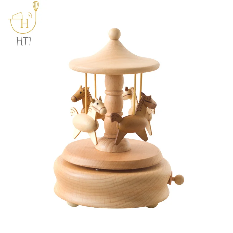 Rotatable Hand-cranked Music Box Wooden Carousel Music Box Ornaments DIY Handmade Birthday Christmas Gift Children’s Toys