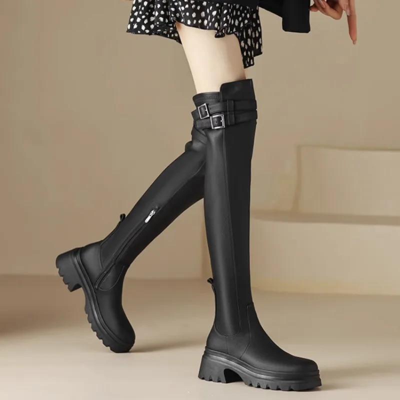

Women's New 2025 Autumn Winter Fleece Lined Stretchy Over The Knee Boots Vintage Round Toe Chunky Heel Platform Slimming