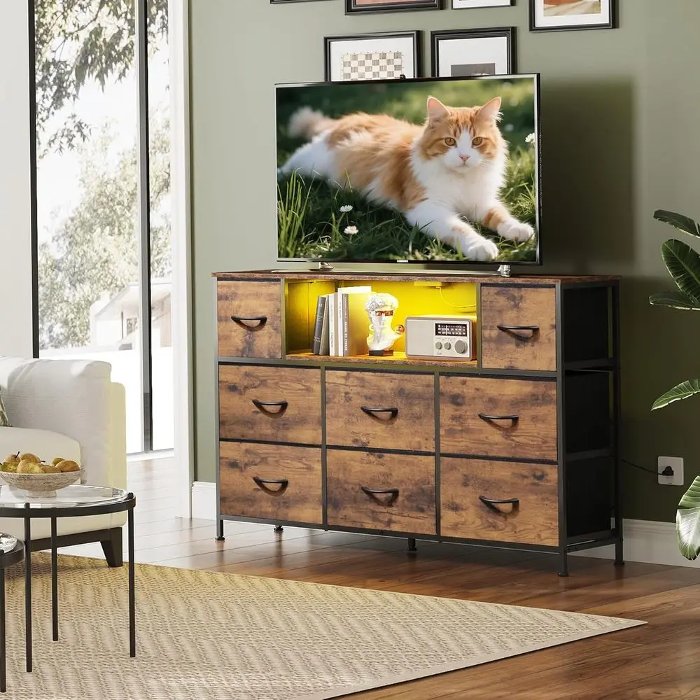 Drer TV Stand or 45, 50, 55 inch TV, Entertainment Center with LED Lights & Charging Station, Chest o Ders with 8 abric Ders and
