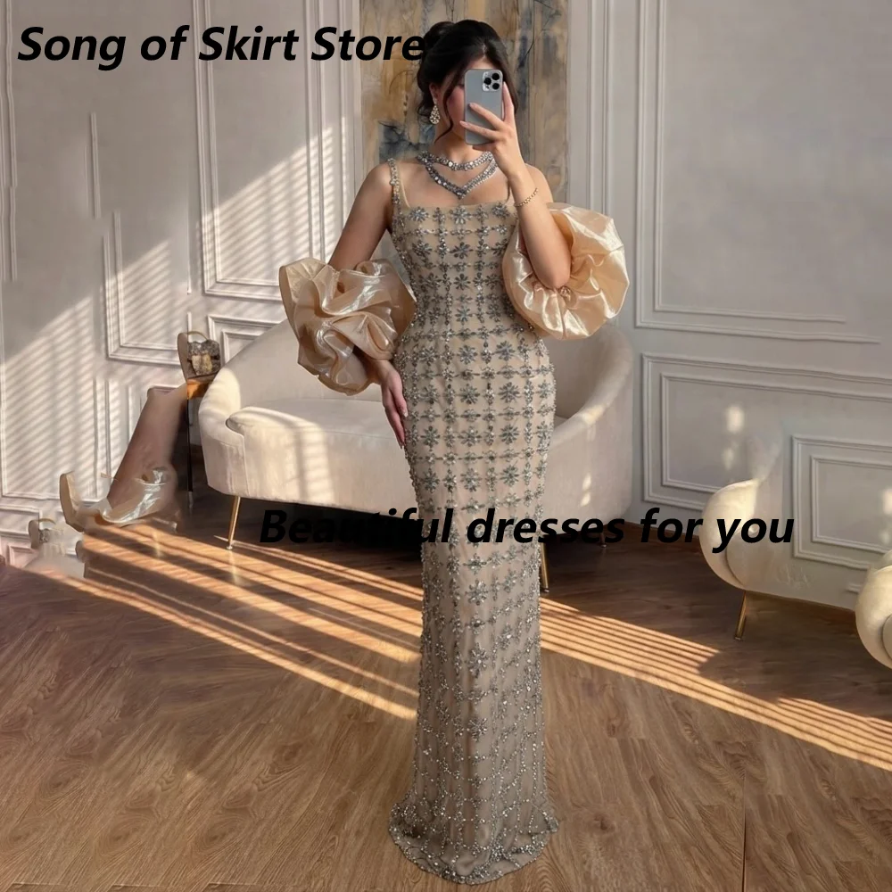 Customized Champagne Mermaid Mother Of The Bride Gown  Square Floral Rhinestone Detachable Puff Sleeves Wedding Formal Dress