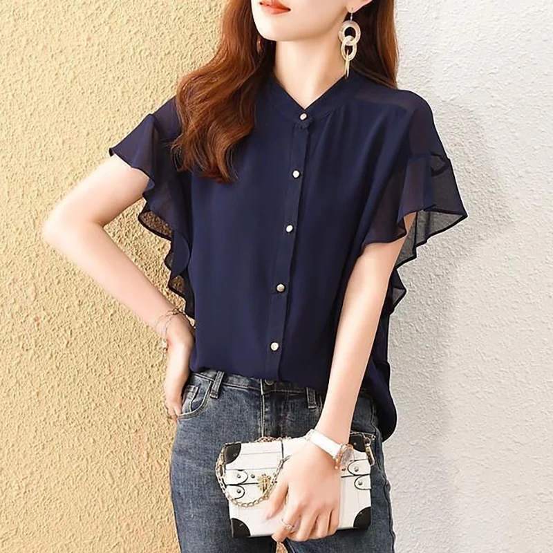 Elegant O-Neck Button Solid Color Butterfly Sleeve Chiffon Shirts Women's Clothing 2024 Summer Loose Chic Tops All-match Blouses