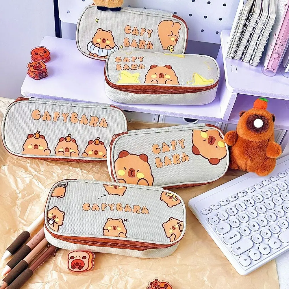 Organizador de mesa kawaii capivara lápis saco dos desenhos animados estética lona caneta saco bonito criativo papelaria saco presente