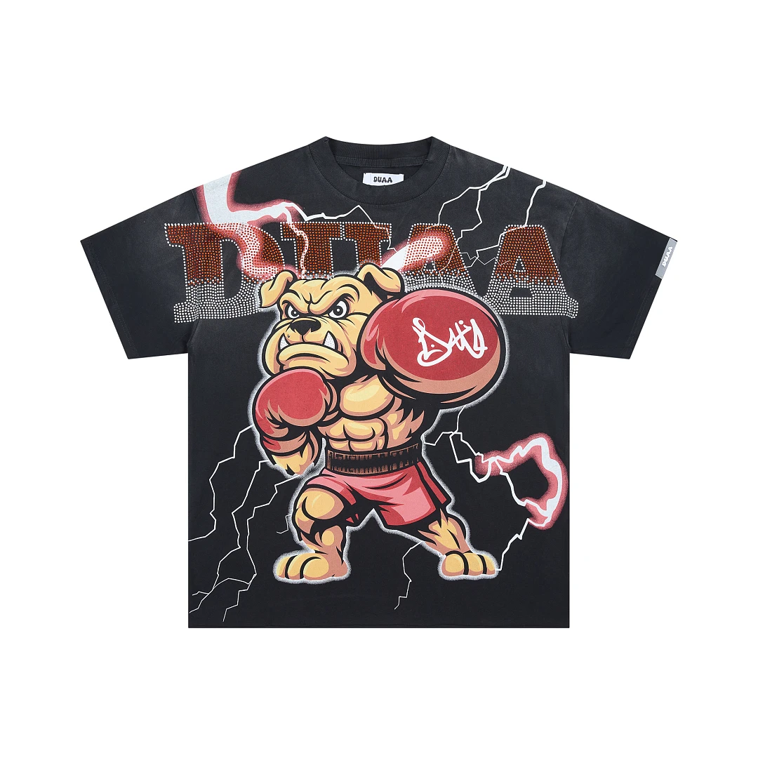 New American Streetwear Washed Distressed T‑Shirt Creative Bulldog Graphic Rhinestone Short‑Sleeve Tee Oversized  Casual Tops