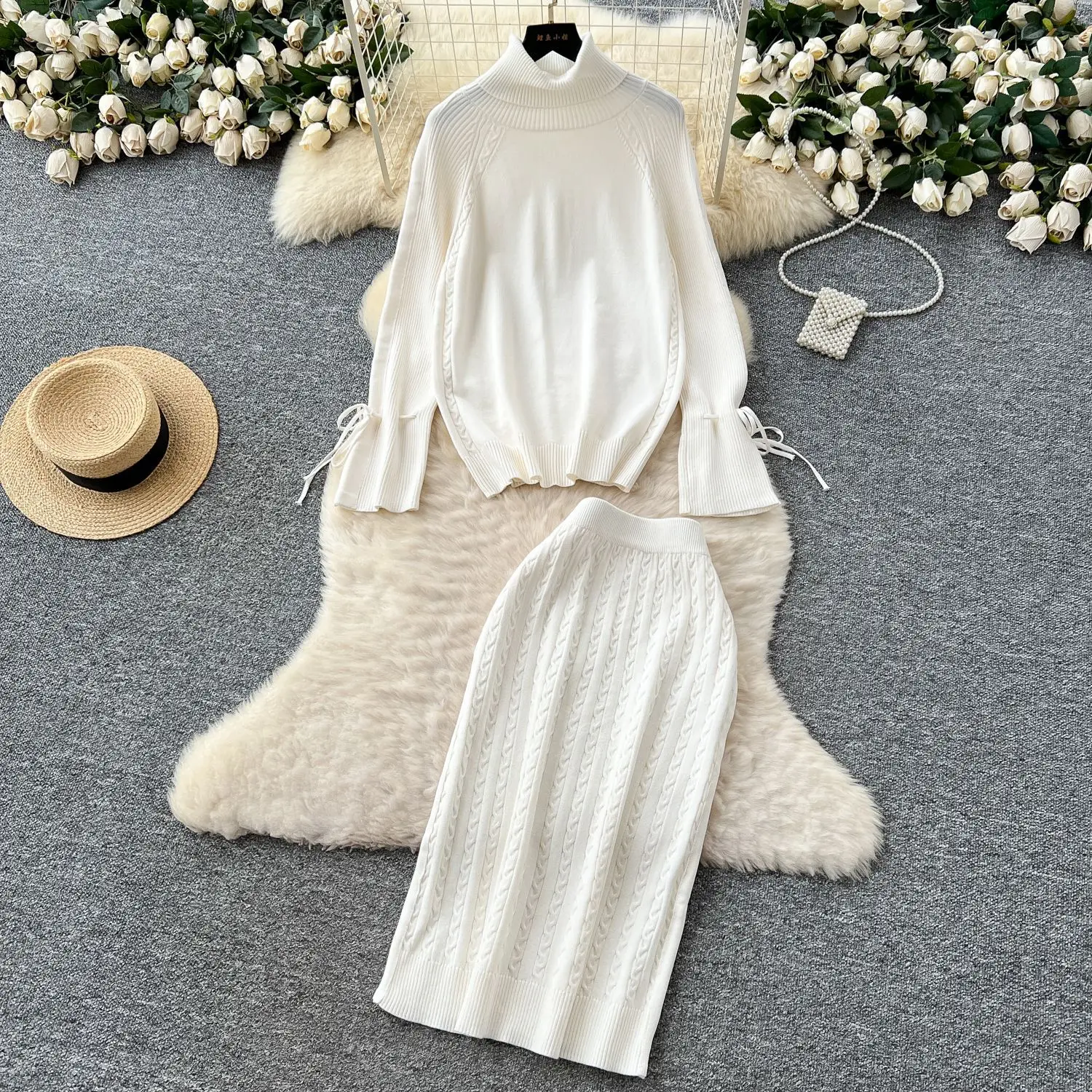 

Women Two Piece Skirt Sets Full Sleeve Turtleneck Pullover Thick Solid Knit Casual Skinny Long Dresses Elegant Autumn Winter