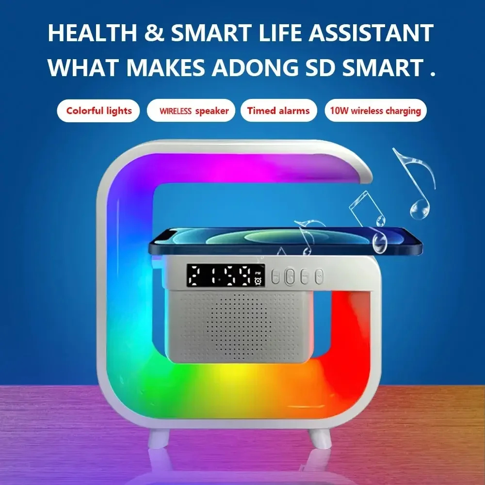 New Wireless Charger Stand Bluetooth Speaker Sound Alarm Clock RGB Ambient Light for iPhone Samsung Xiaomi
