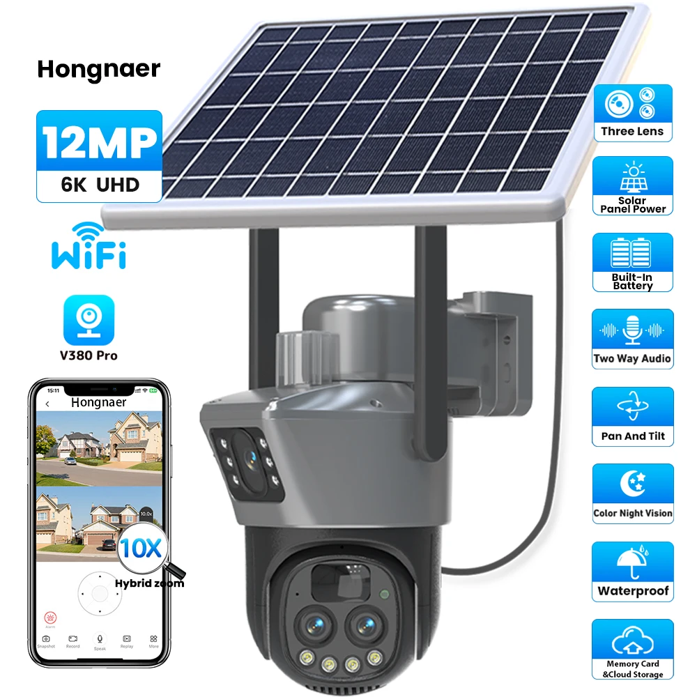 

Hongnaer 12MP 6K 3 Lens 10X Zoom Wireless Solar Panel Powered IP PTZ V380 Pro Network Outdoor Security WiFi Solar CCTV Camera