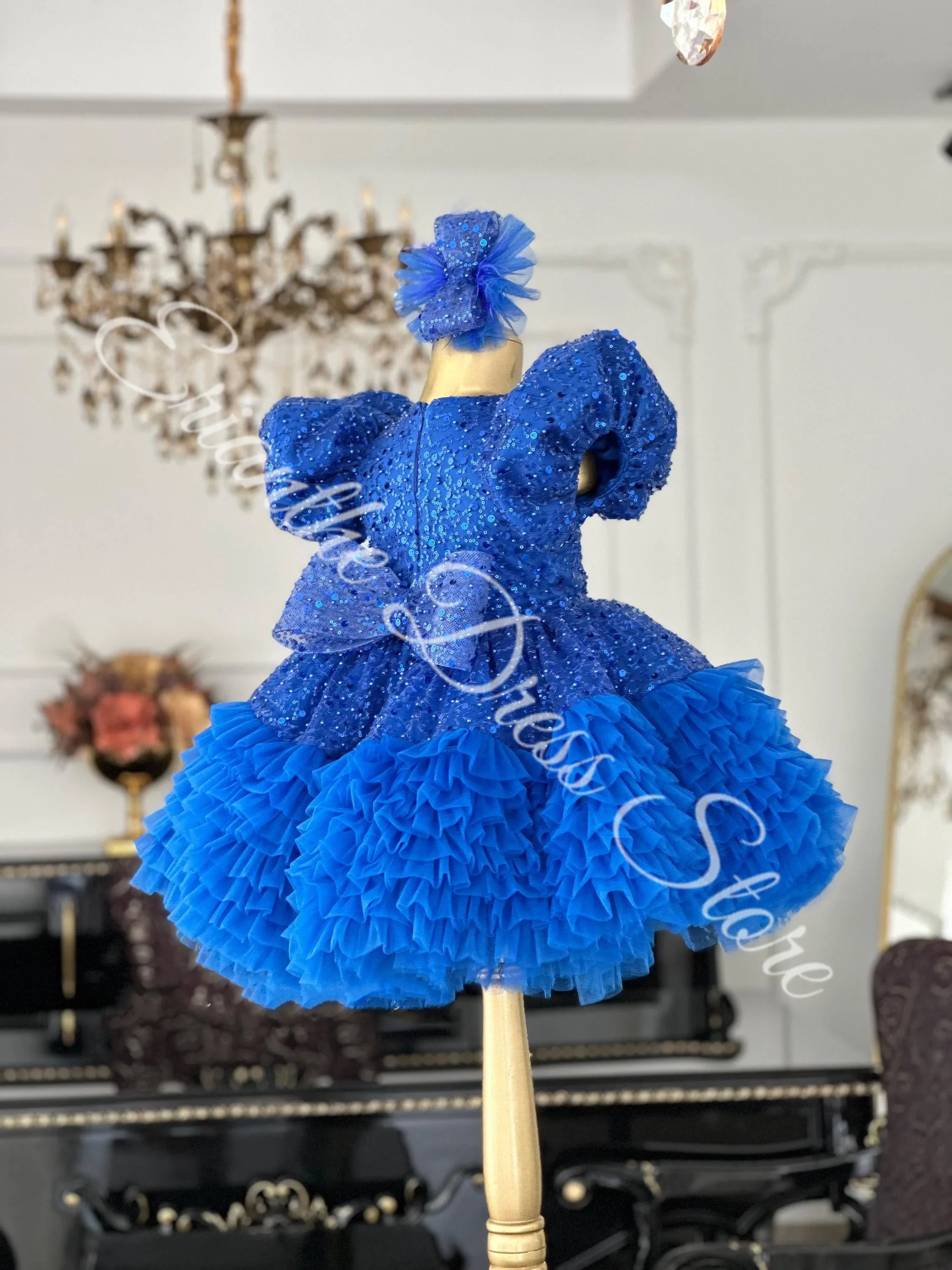 الأزرق منتفخ مع القوس تول لامع أنيق تكدرت الترتر مخصص الاطفال حفلة عيد ميلاد أول بالتواصل فستاين سهرة/فساتين الحفلات حسب الطلب