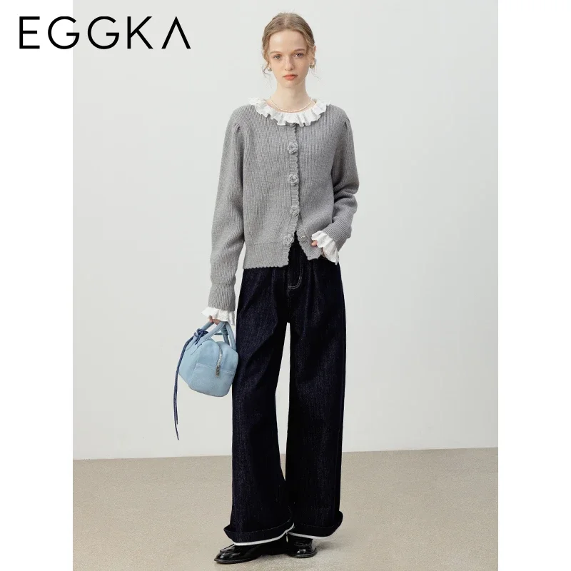 EGGKA Autumn Sweet Flower Knitwear Cardigan Women's O-neck Loose Sweaters Korean Style Basic Gray Cardigans Casual Sweater 2024