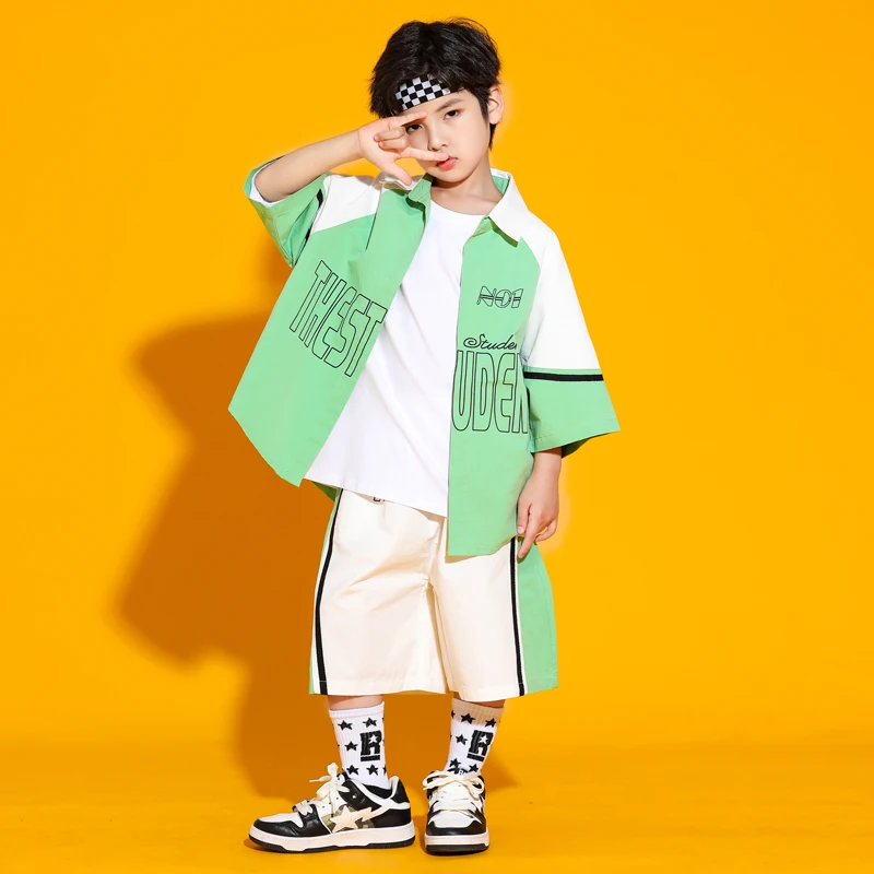 Teen Boys Dance Clothes Hip Hop Loose Green Tops Pants Street Dance Clothing Girls Modern Dance Outfit Kids Jazz Costume BL8911