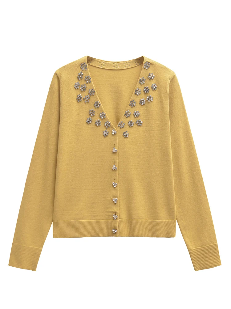 KAOPU ZA Cardigan da donna in maglia con strass con perline vintage scollo a V maniche lunghe abbottonate capispalla femminile top chic