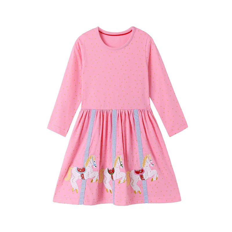 

Horse Emrboidery 2-7T Autumn Spring Girls Dresses Long Sleeve Cotton Fashion Birthday Kids Clothes O-neck Toddler Frocks