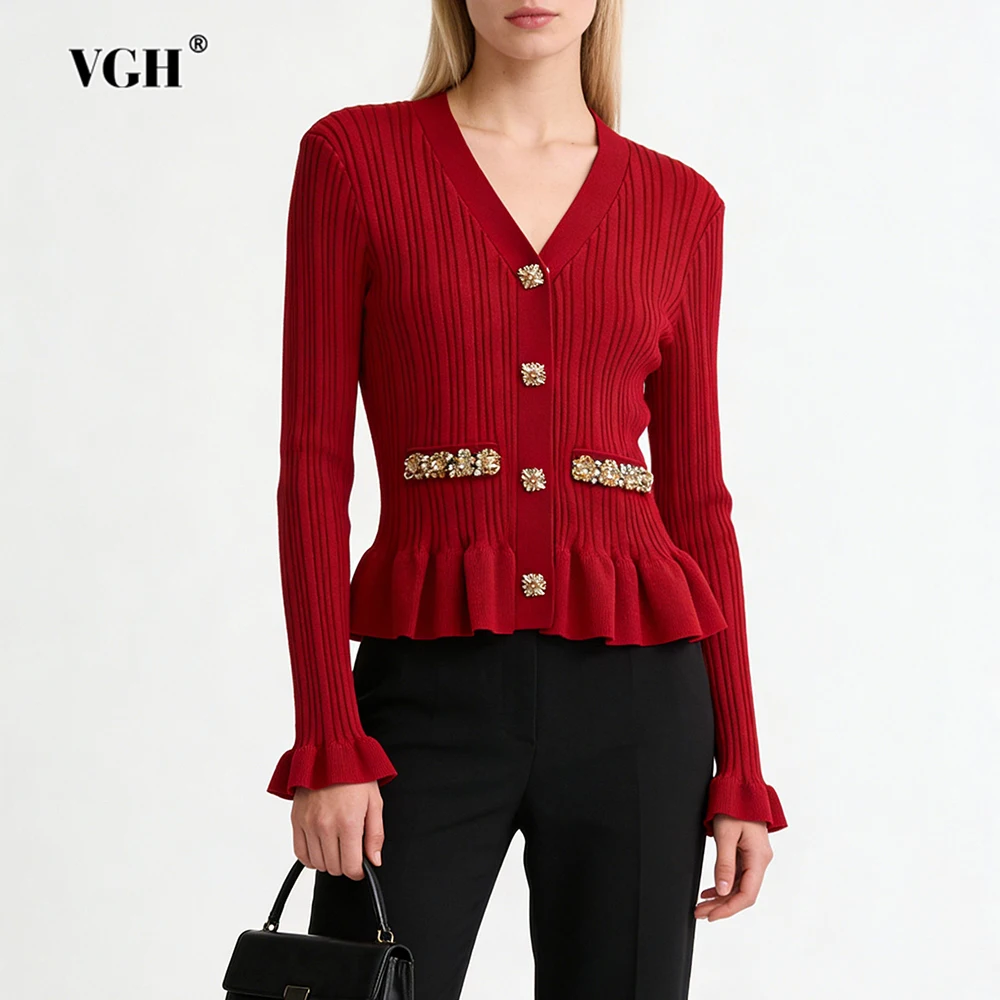 

VGH однотонный темпераментный приталенный вязаный свитер для женщин с v-образным вырезом и длинными рукавами, осенний элегантный свитер на пуговицах, женский новый