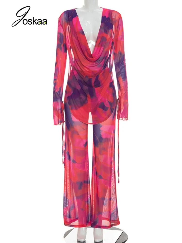 Joskaa Printed Mesh 2 Piece Set Women Sexy Draped Neck Long Sleeve Backless Asymmetric Top+Flare Pants Match Beach Holiday Suits - Image 4