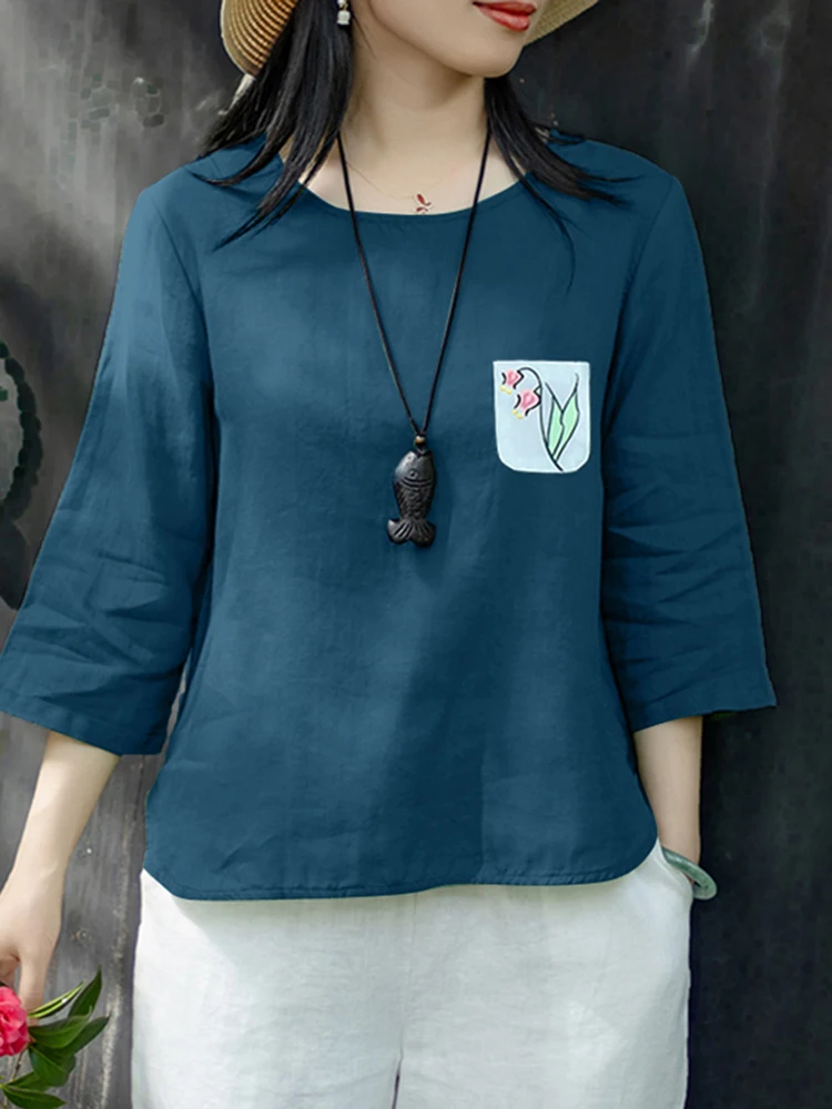 Zanzea moda feminina blusa de algodão solto impressão túnica topos 2025 outono 3/4 manga casual blusas femininas vintage senhoras camisas