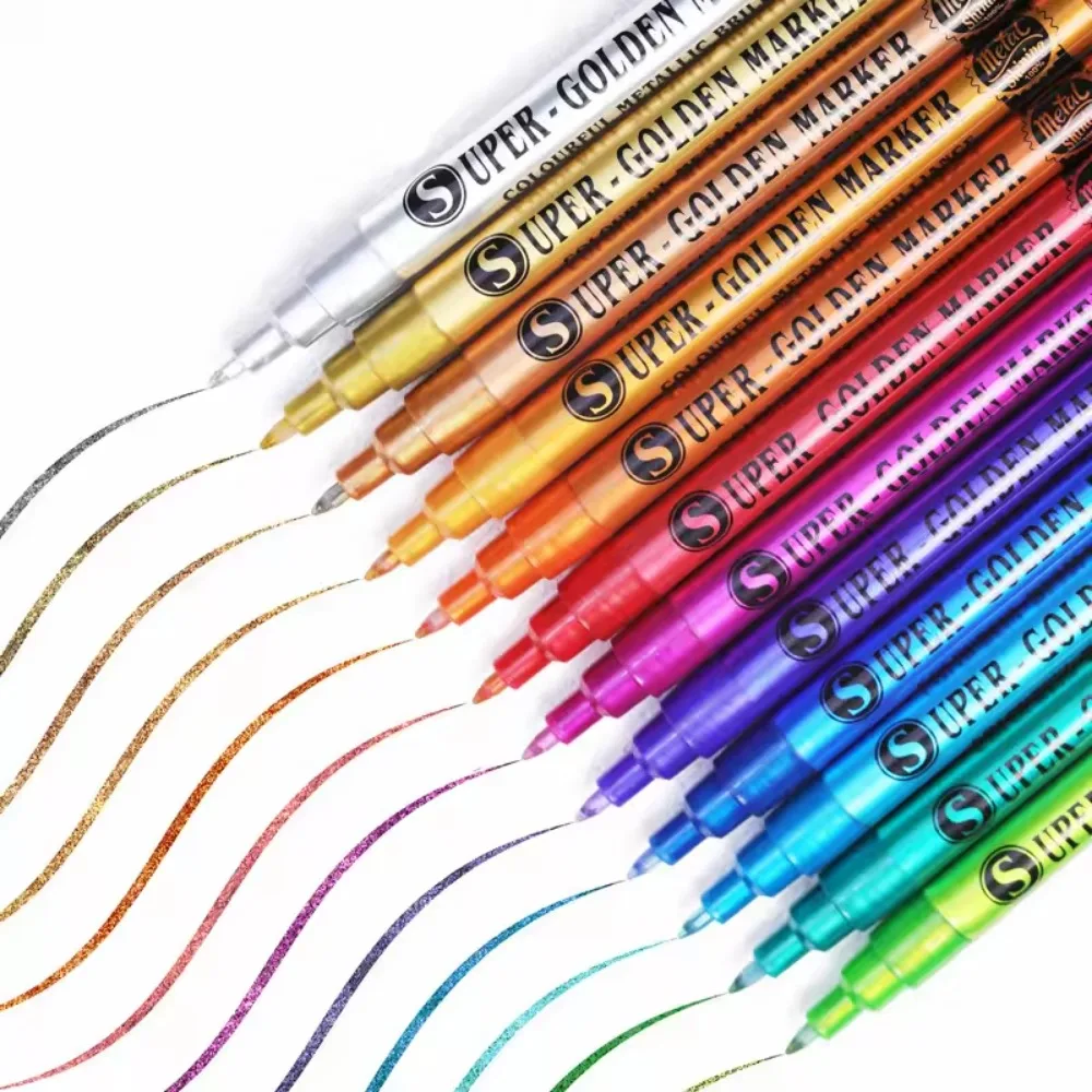 GuangNa 12 Colors Super Metallic Markers 0.7MM Golden Shine Water-Proof Marker Pen For Model Metal Cloth Glass Wood Canvas