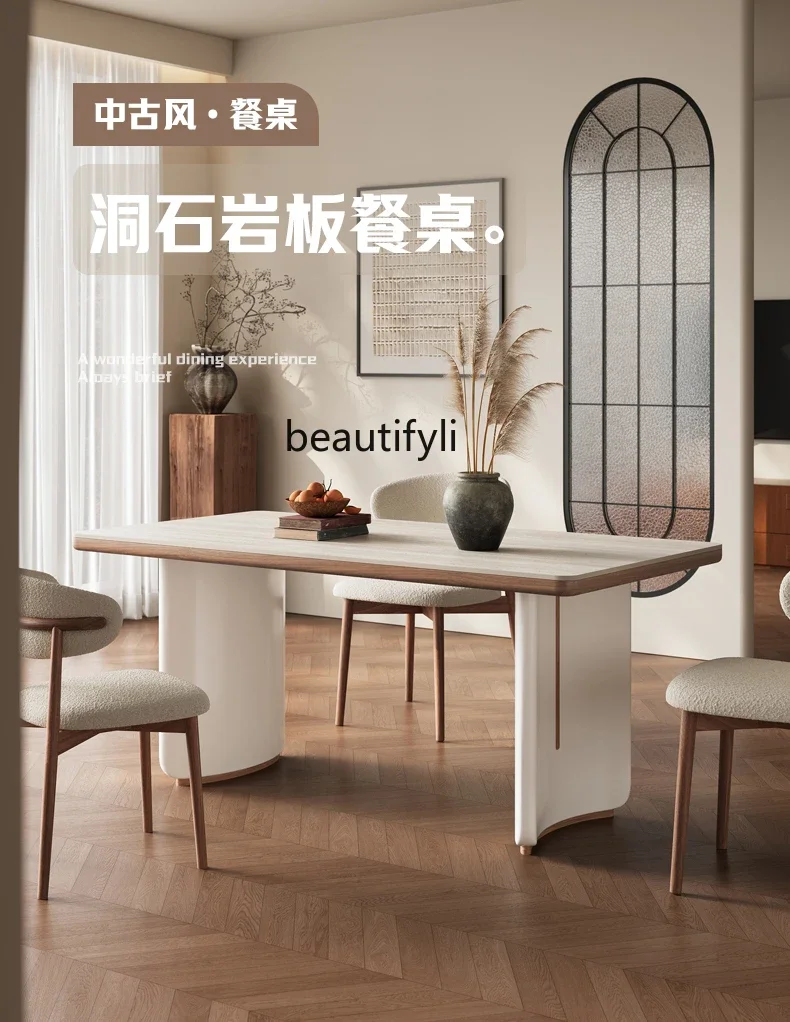 

New French rock slab dining table household small apartment high-end cream solid wood dining table C56