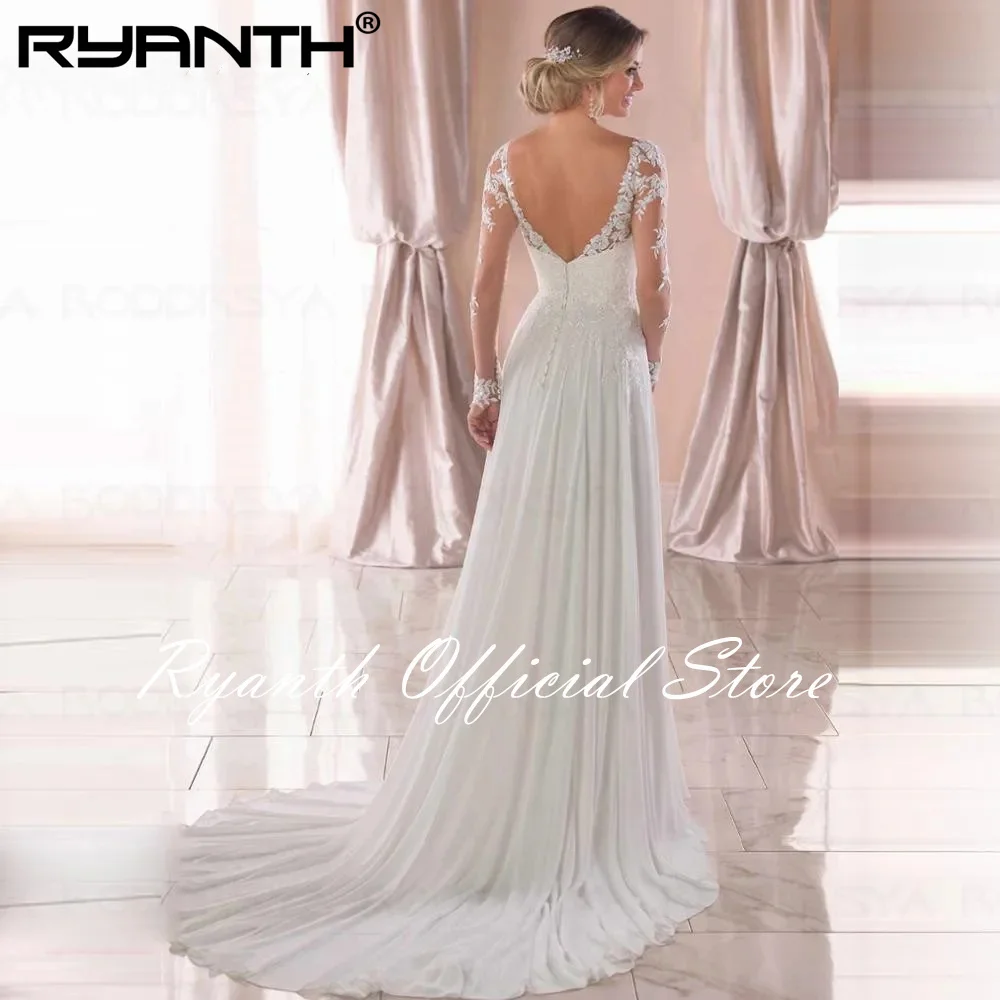 Ryanth V Neck Long Sleeves Chiffon Beach Wedding Dress Open Back White Lace Applique Bridal Dresses Party Gown Vestidos De Novia