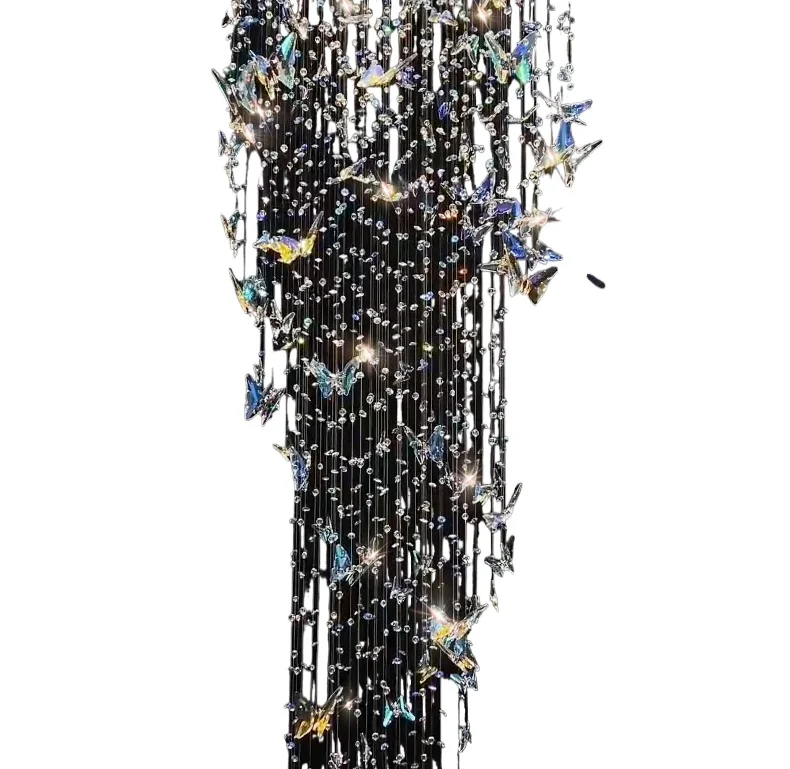 

Duplex floor revolving staircase long chandelier living room hollow villa lamp loft empty hotel butterfly crystal decorative