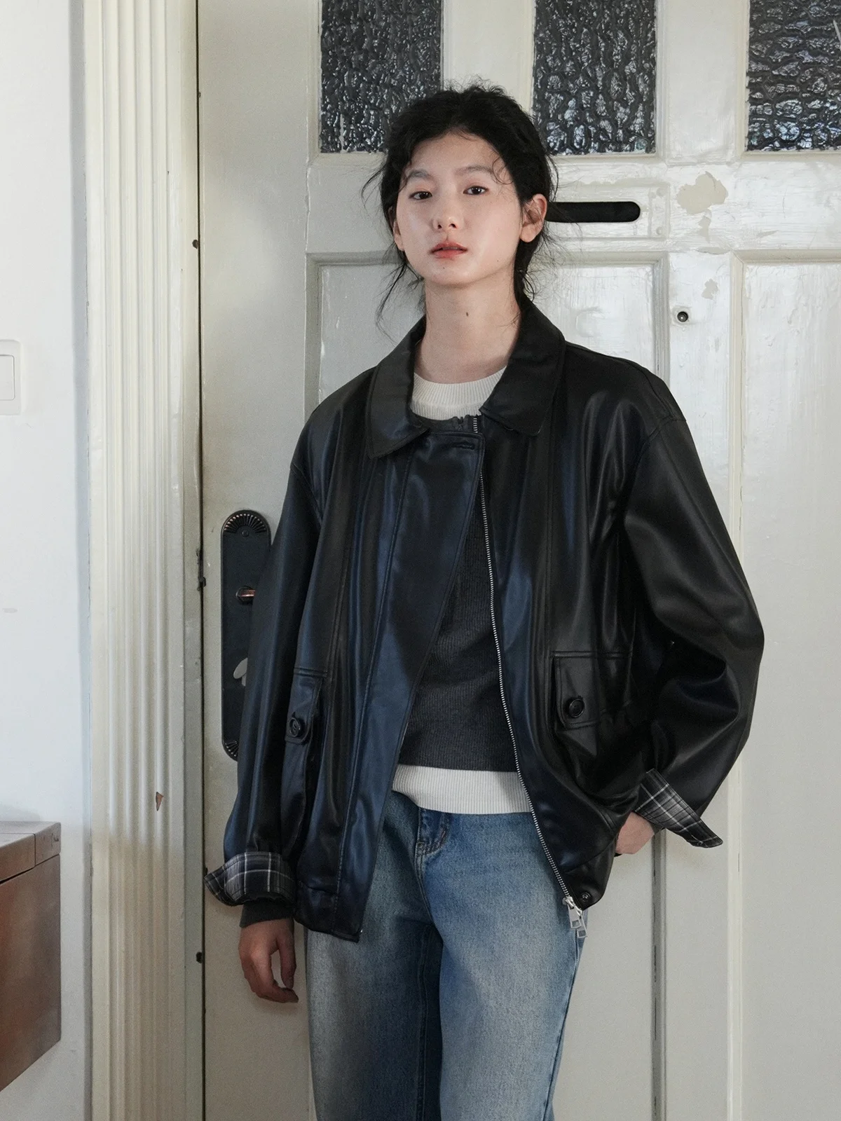 

Dailycloset Texas S Plaid Patchwork PU Leather Jaet Zipper Collar Accordion ket Casual Sle Long Sve Coat