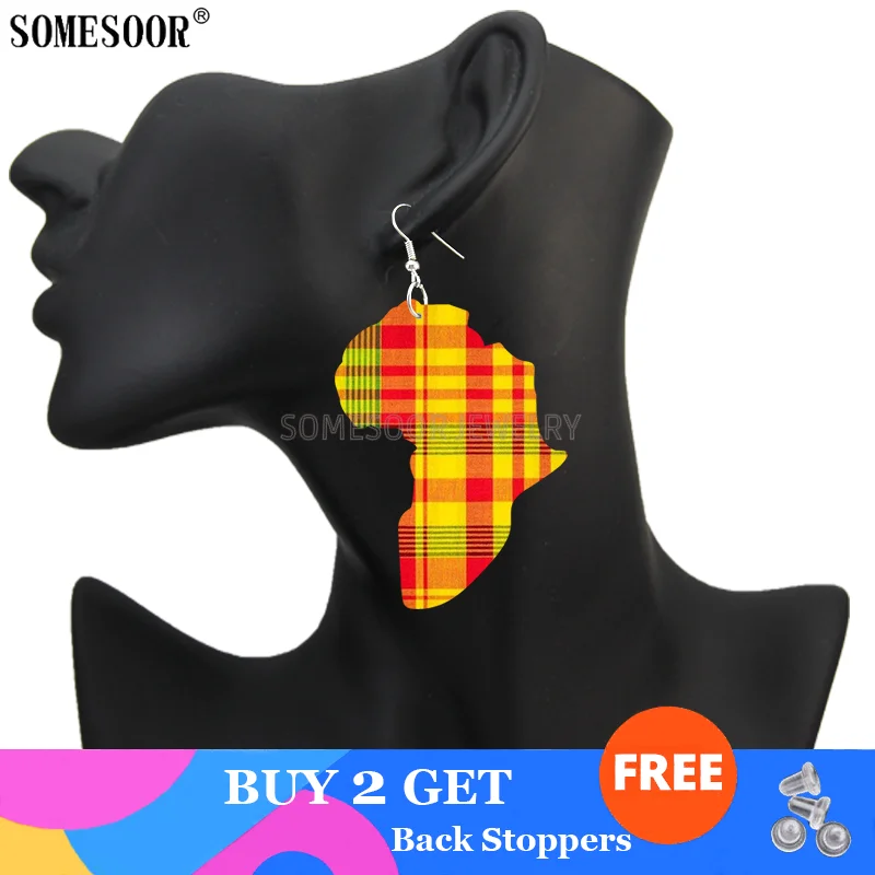 SOMESOOR Madras Plaid Fabric Design Print African Wooden Drop Earrings For Women Muti-Shapes Geometric Pendant Dangle Jewelry