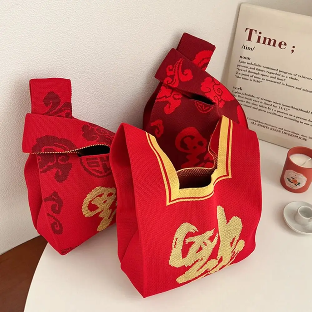 

Casual Christmas Gift Knot Wrist Bag Wool Bucket Bag Bow New Year Knitted Bag Shopping Bags Handbag Tote Bag Girl