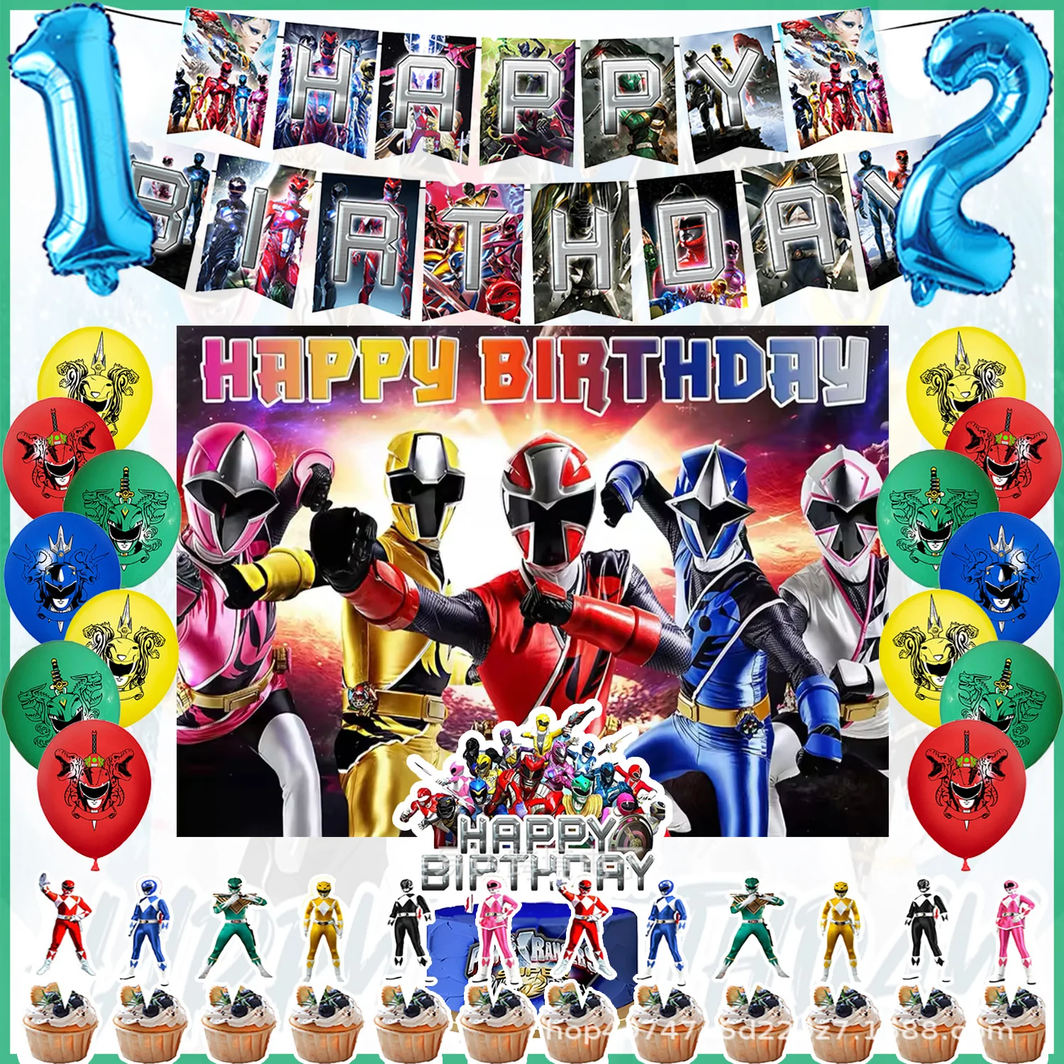 Cartoon-Powered&Rangers Geburtstagsparty-Dekorationsset Happy Birthday Banner Luftballons Cupcake-Topper Partyzubehör für Jungen und Kinder