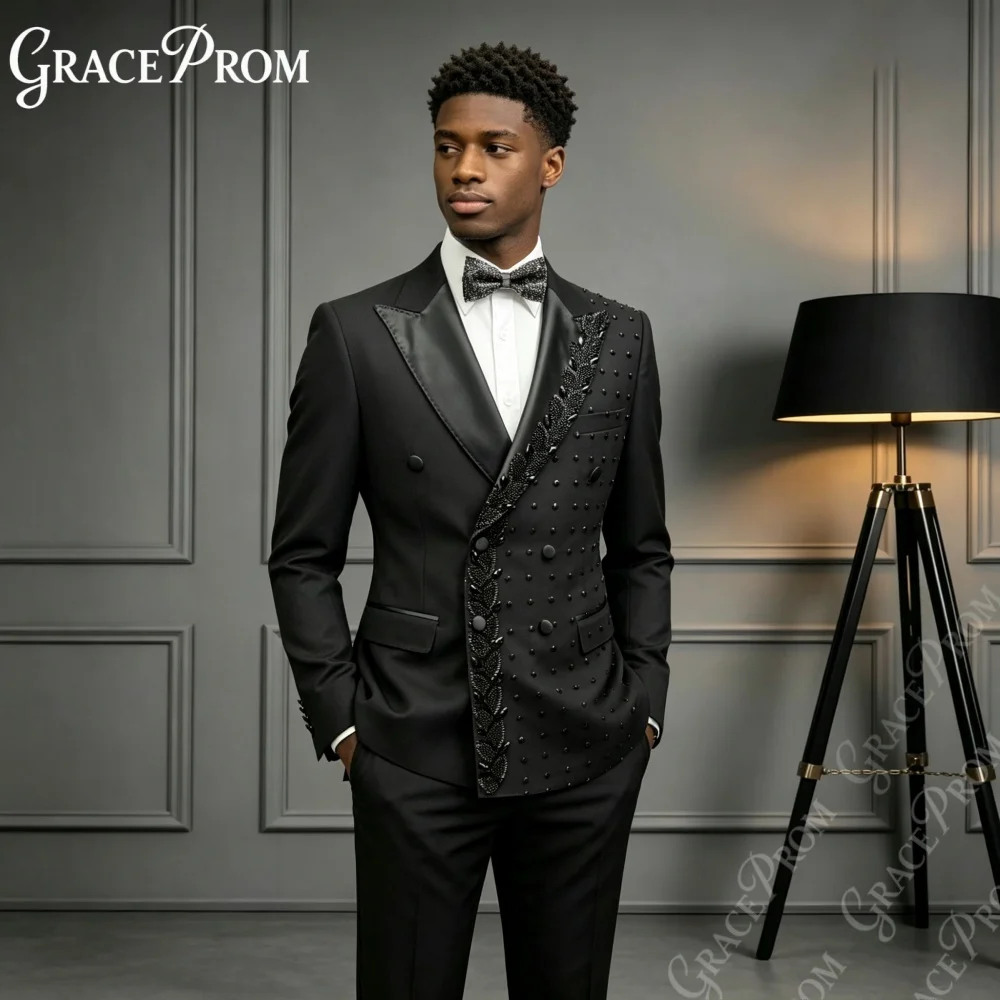 Exquisite Black Beaded Men Suits 2027 2PCS Wedding Groom Sets Man Peak Suit Set Banquet Prom Party Wear Double Breasted Crystal