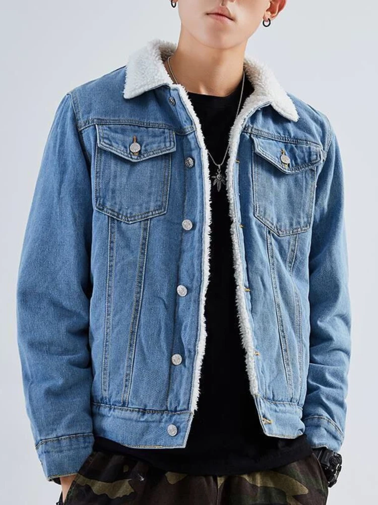 Denim Jackets Men Coats Turn Down Collar Full Sleeve Thick Coat Single Breasted Lamb Wool Open Stitch Casual Jacket Winter