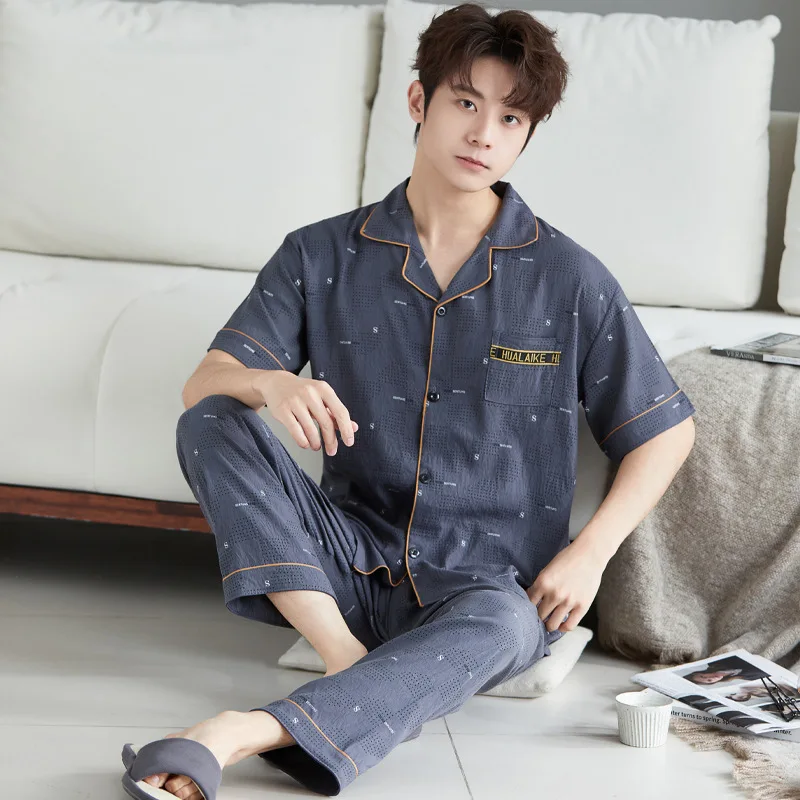 Men's Retro Comfortable Pajamas Spring and Fall New Short Sleeved Pants Set Student Casual Sleepwear Homewear Loungewear