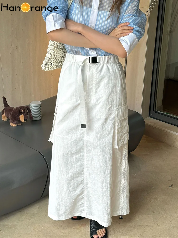 

HanOrange 2024 Summer Outdoor Workwear 3D Pockets Skirt 100% Nylon Smooth Comfortable Loose Long Skirt Gray/Natural White