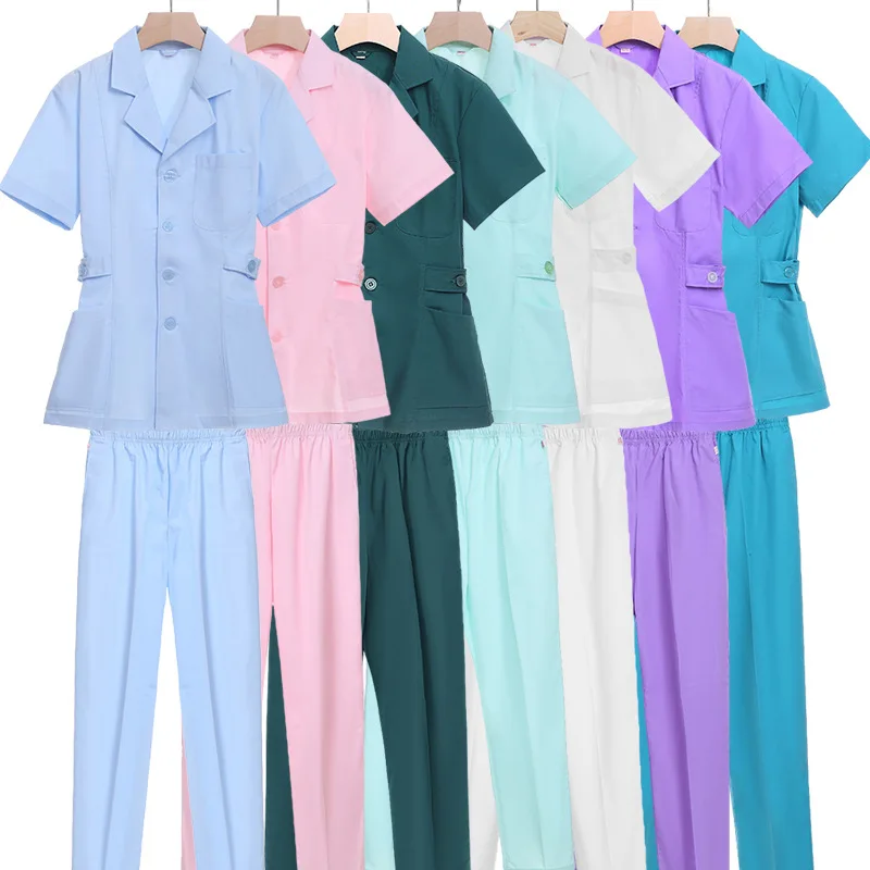 Verão feminino laboratório médico esteticista ambulatorial enfermeira dental vestido manga curta terno