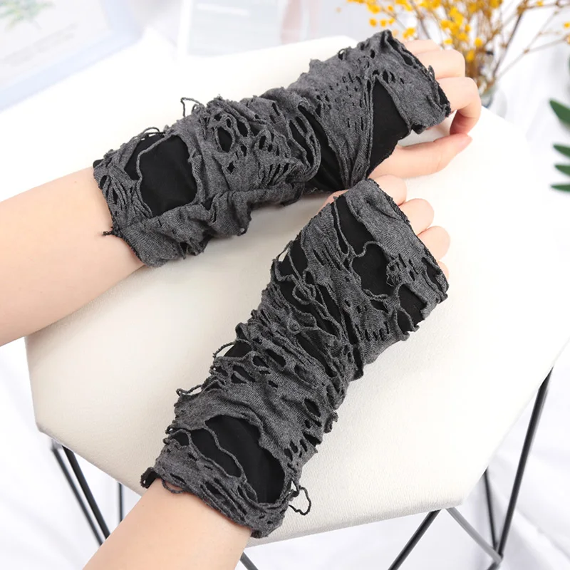 New Gothic Black Fingerless Long Gloves Punk Hole Half-finger Glove Arm Warmer Beggar Cosplay Halloween Costume Accessories