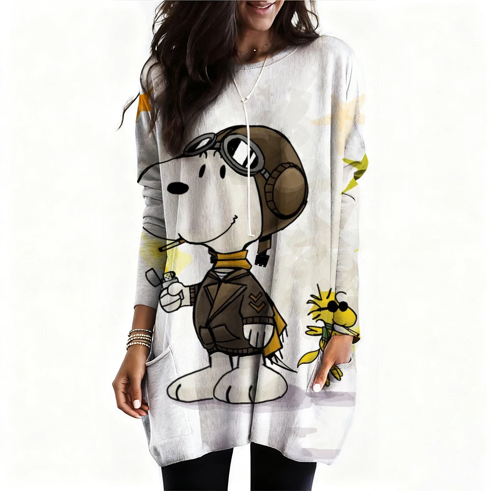 Snoopy imprimé T-Shirt femmes mode décontracté surdimensionné à manches longues T-shirt femmes vêtements hauts t-shirts tunique Mujer robe ﻿