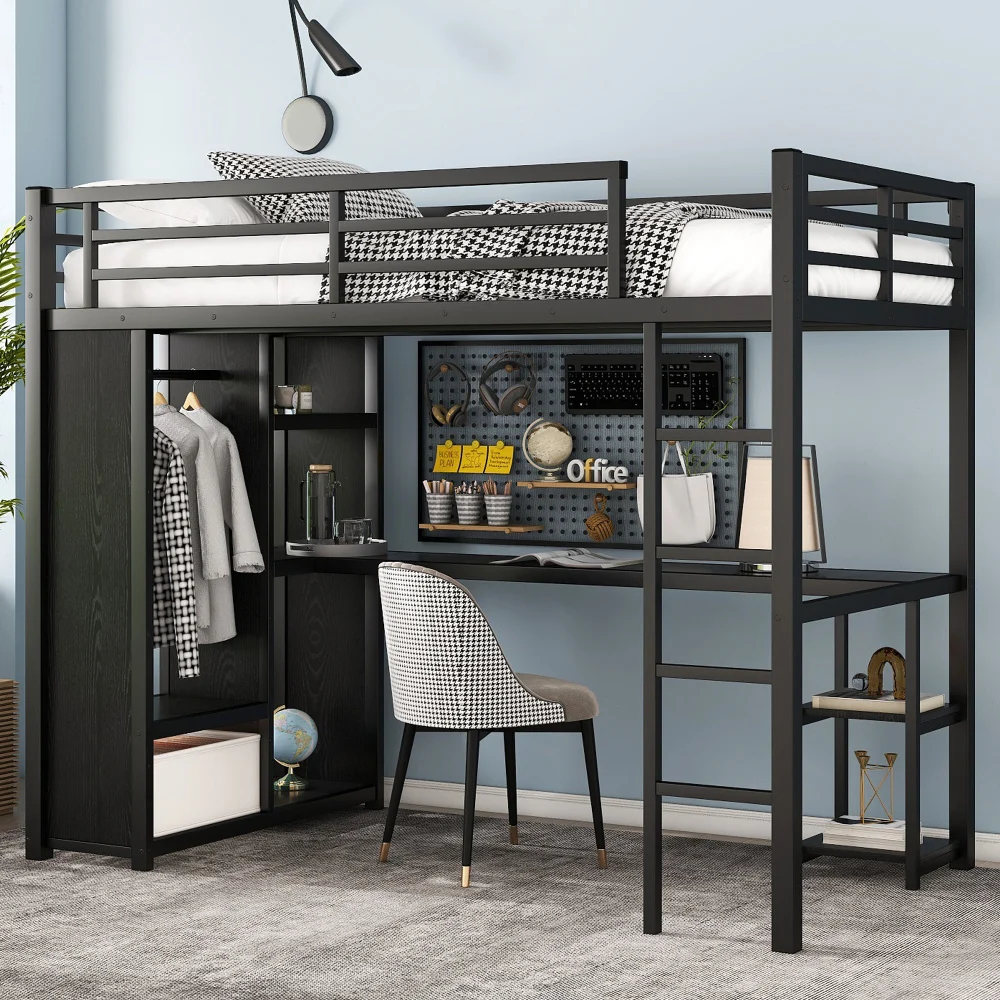 

Metal Loft Bed with Wardrobe Desk Storage Queen/Twin XL Size Shelves Space Saving Sturdy Frame Safety Guardrails Easy Assembly