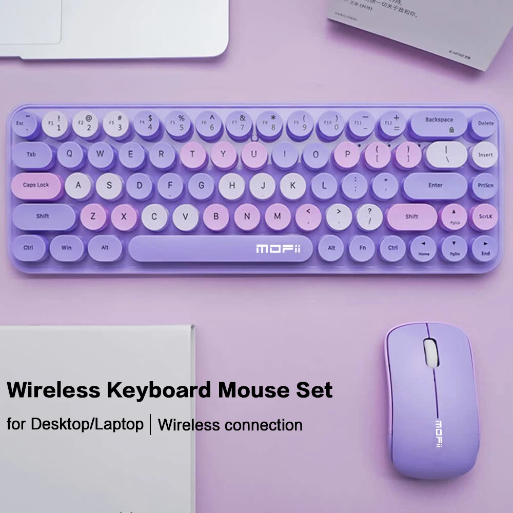 MOFII Mixed Colors 2.4G Wireless Mini Keyboard Mouse Set,Portable 68 Key Round Keycap Cute Keyboard Mouse Combo for PC/Laptop