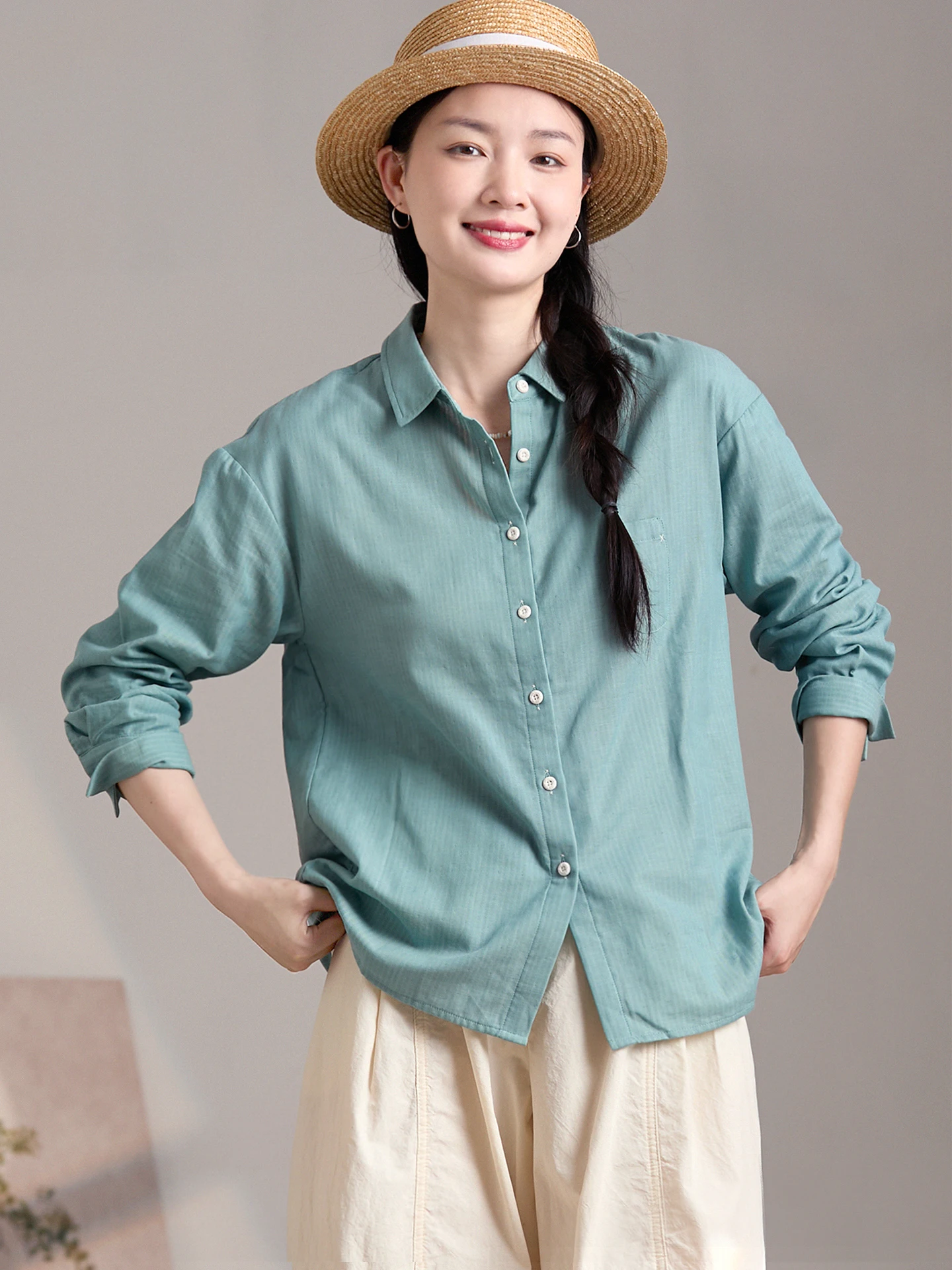 

Gujia Pure Cotton Long Sleeve Shirt Double Layer Soft Skin-friendly Turn-down Collar Commute Slimming Base Layer Top for Women