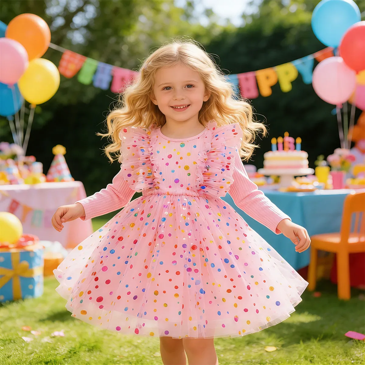 Spring Sweet Dots Pattern Long Sleeve Lace Cotton Casual Dress for Girls Kids Party Wear 2-8 Years