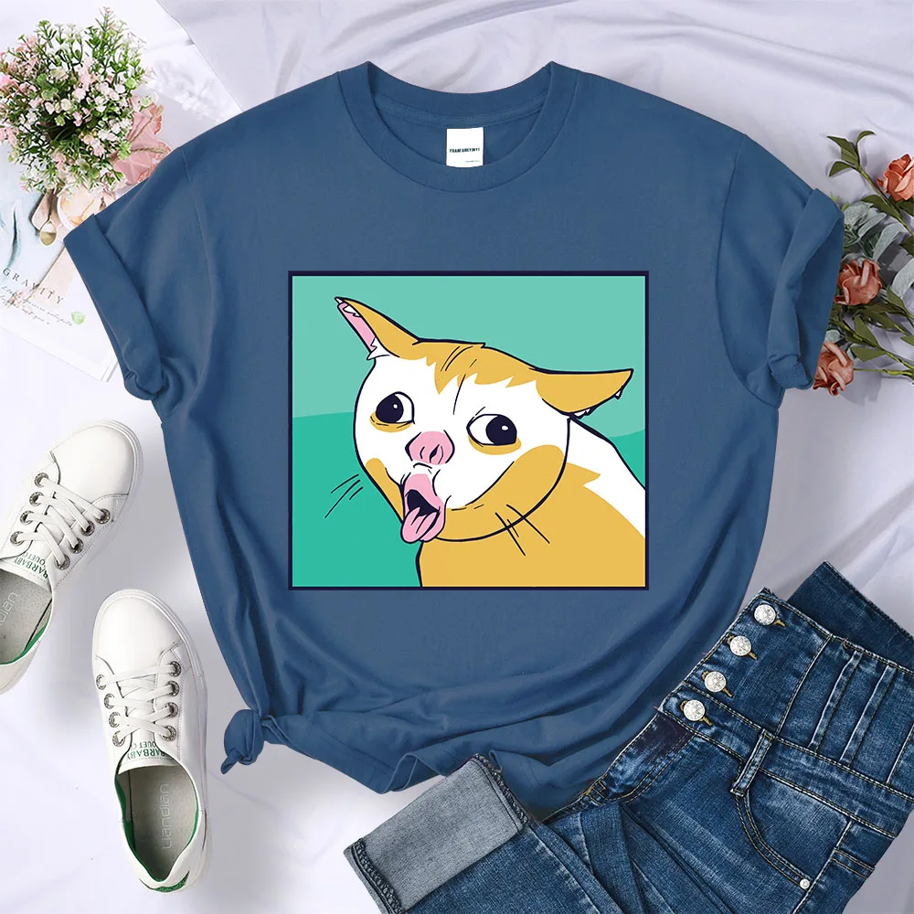 Coughing Cat Meme Naughty Cartoon Cat Women T-shirts Summer Breathable T Shirts Comfortable Tee Clothes Personality Casual Tops