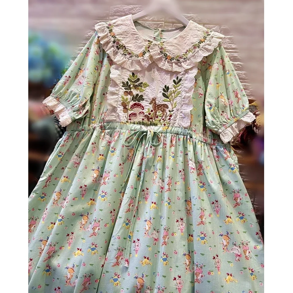 

Sweet Cotton Patchwork Floral Embroidery Ruffled Lace Midi Dress for Women Vintage Mori Girl Shabby Chic Cottagecore Long Dress