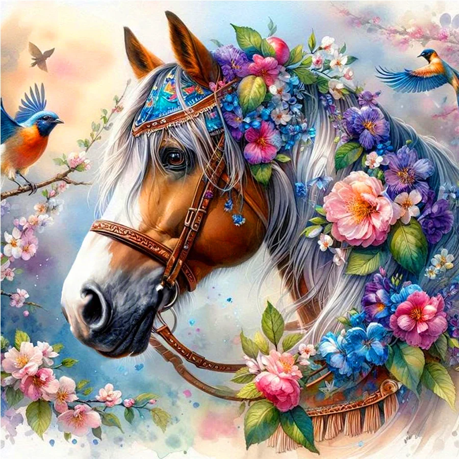 

Flower Horse Diamond Art Painting kits for Adults, Round Full Diamond birds Animal Diamond embroidery cross stitch home decor