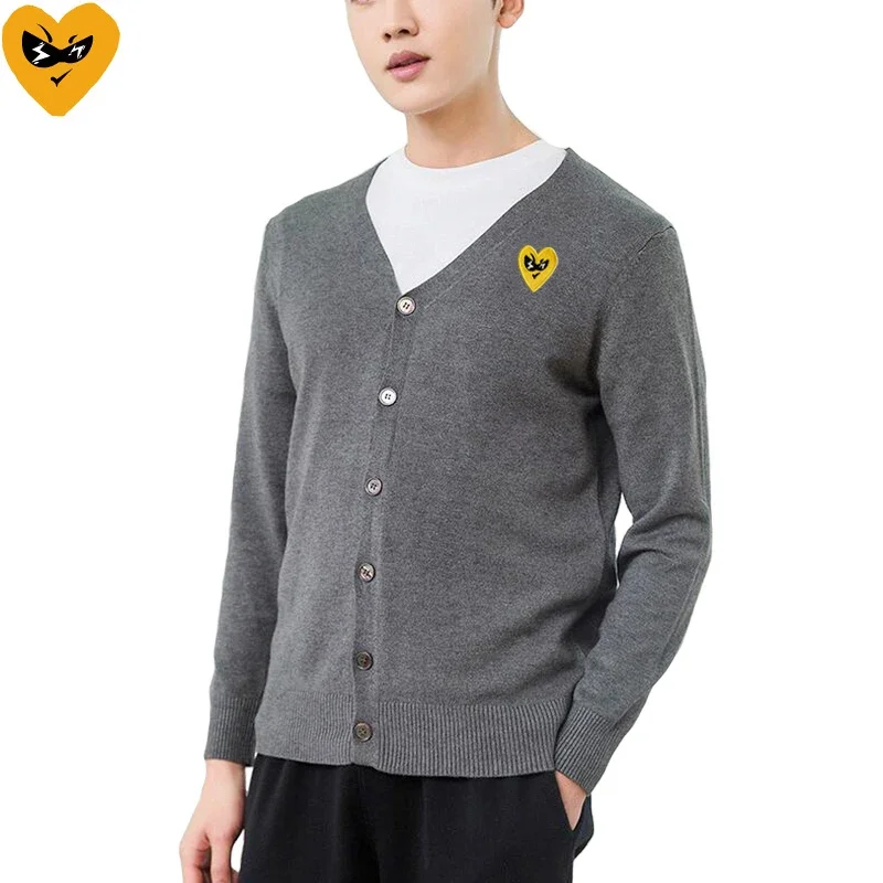 Break Egg Men Cardigan Cotton Cute Glasses Heart Embroidery V-Neck Single Breasted Long Sleeves Autumn Fit Sweater