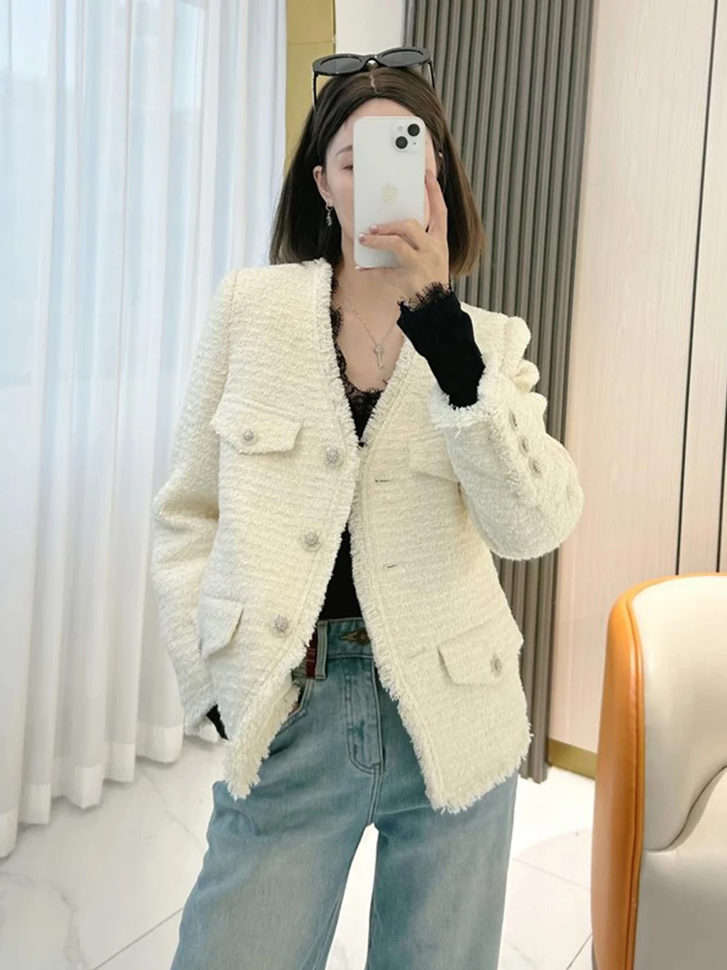 

Autumn Winter New Style Warm Elegant Lady Small Fragrance Goose down Jacket Outerwear Women Fashionable Versatile Woolen Fabric