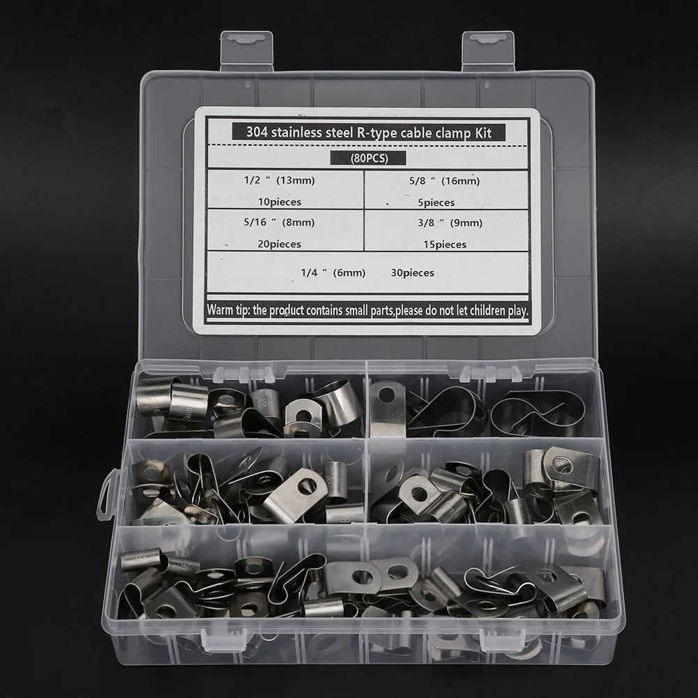 80PCs R Type Clip Cable Clamp Kit Hardware Parts 304 Stainless Steel Corrosion Resistant 6-16mm
