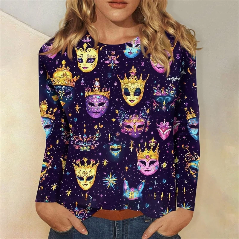 Exquisite Mask Printing Sweatshirt Women Carnival Clothes Pop Music Party Crewneck Pullover Top 2025 Spring Street Trend Hoodie