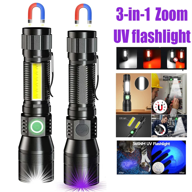 

3-in-1 LED UV Flashlight USB Rechargeable Torch Zoomable Mini Ultra Violet Lights Pet Urine Stain Detector Tools Inspection Lamp