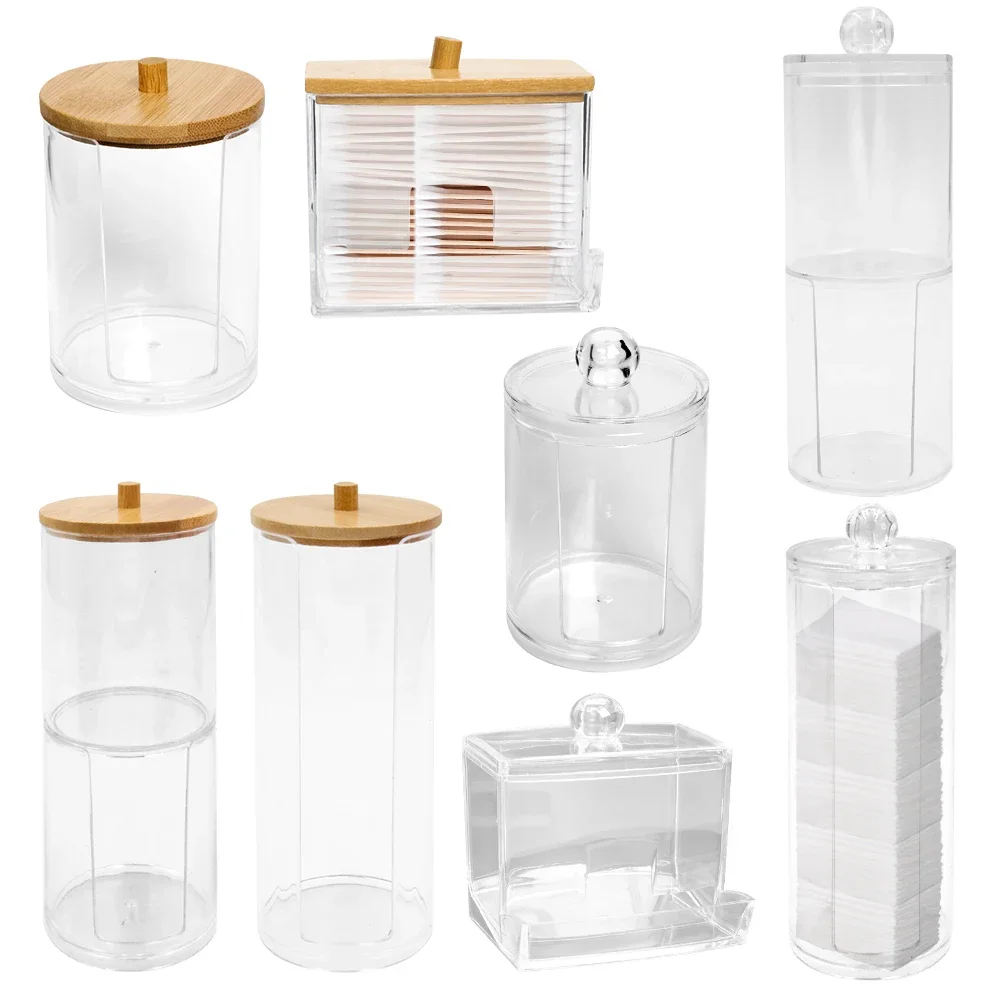 Cotton Swab Organizer Storage Bamboo Cover Acrylic Round Organizer Makeup Storage Box Container Organizadores צמר גפן אחסון