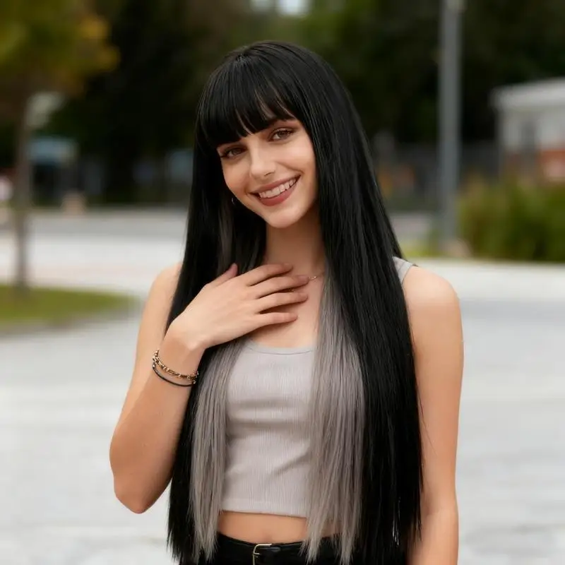 Two-Color Gradient Air Bangs Long Straight Hair Women'S Wig Personalized Fashion Outdoor Travel Party Head-Wearing Synthetic Wig