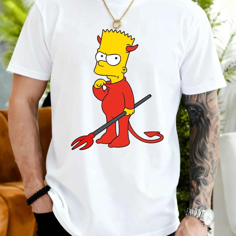 تي شيرت رجالي كاجوال بأكمام قصيرة، تي شيرت رجالي معتمد من هوليوود سمبسنز فاميلي بارت ديفيل